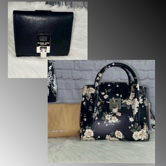 Michael Kors Collection Mini Floral BANCROFT Satchel/MIRANDA Flap Wallet 2pc Set